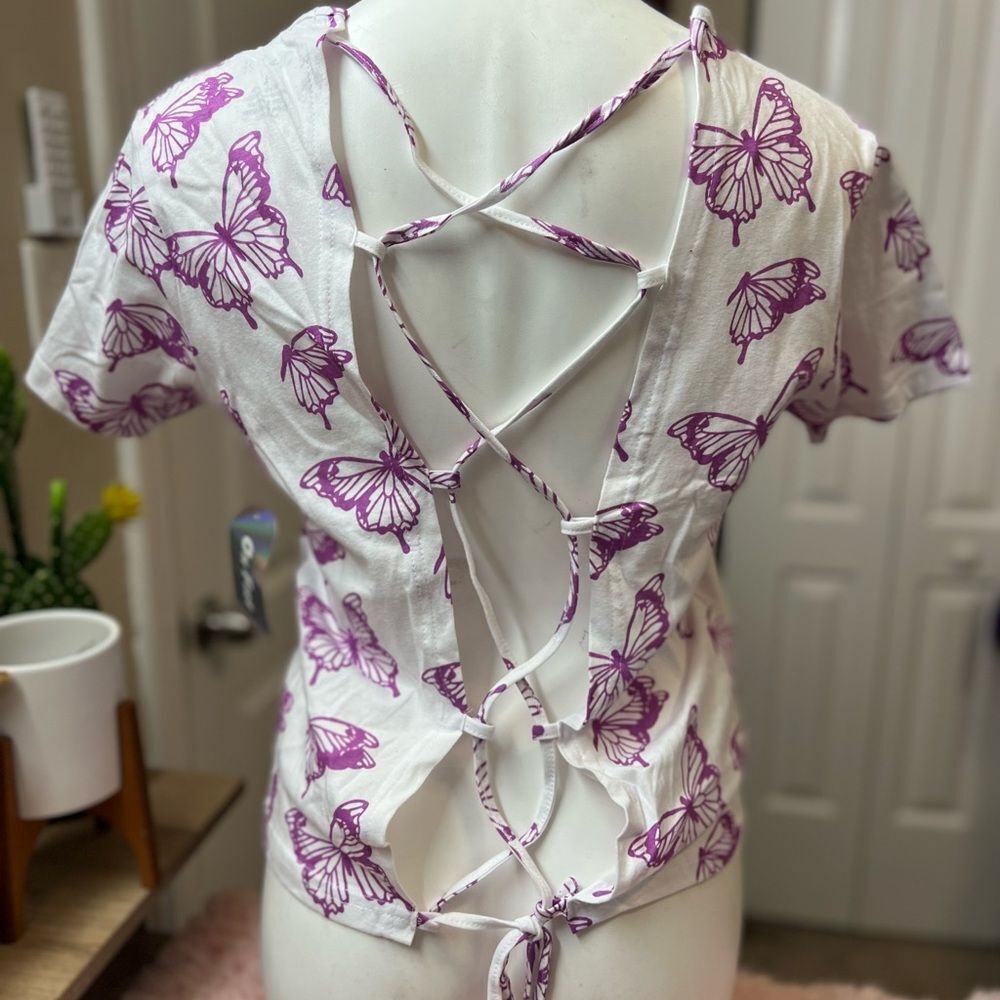 On Fire She Is Blessed Butterfly Graphic Tee Lace Up Back Christian Shirt Size L - Picture 3 of 3